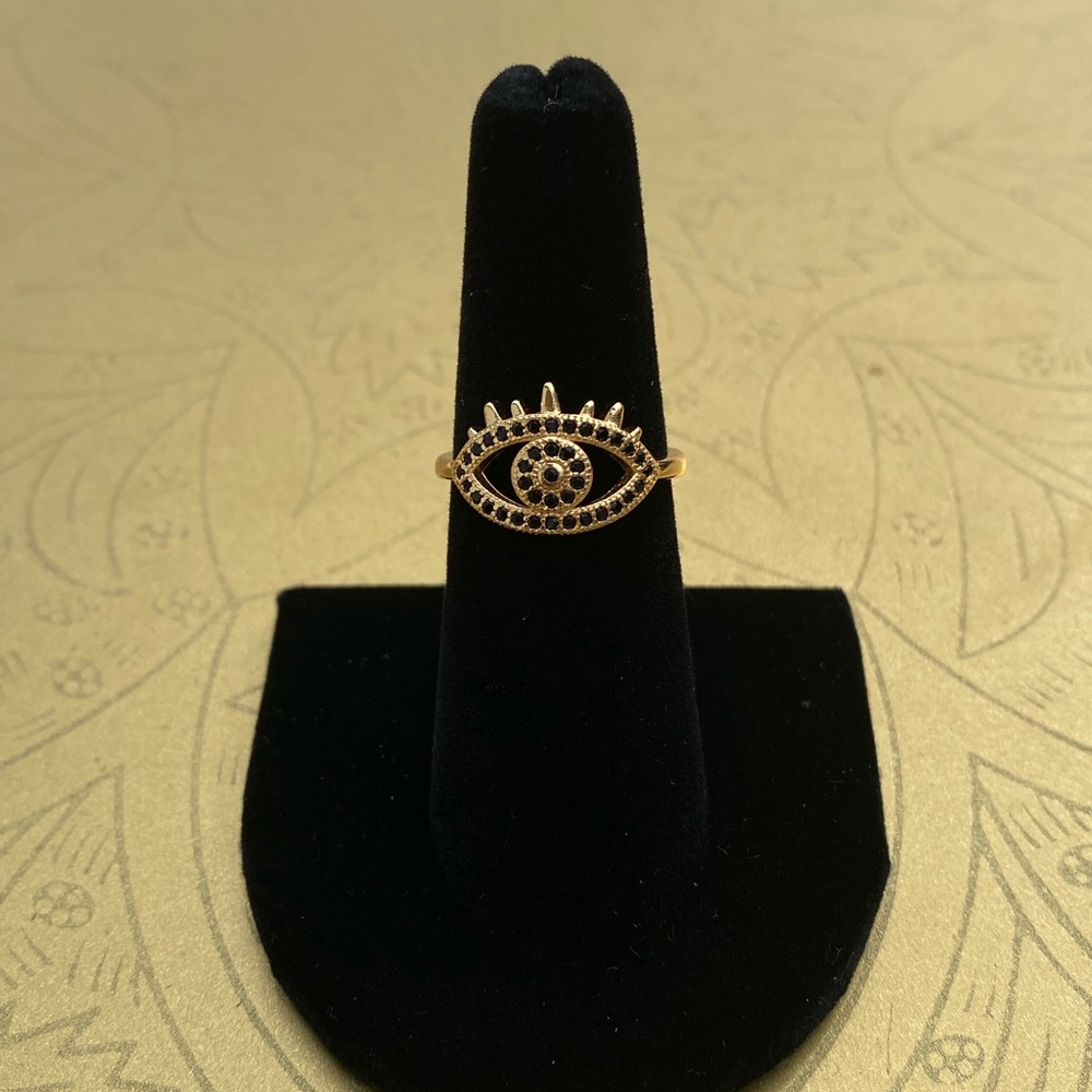 14K Gold filled Evil Eye Mal De Ojo Ring Dainty Black CZ stones Size 6, 7, 8